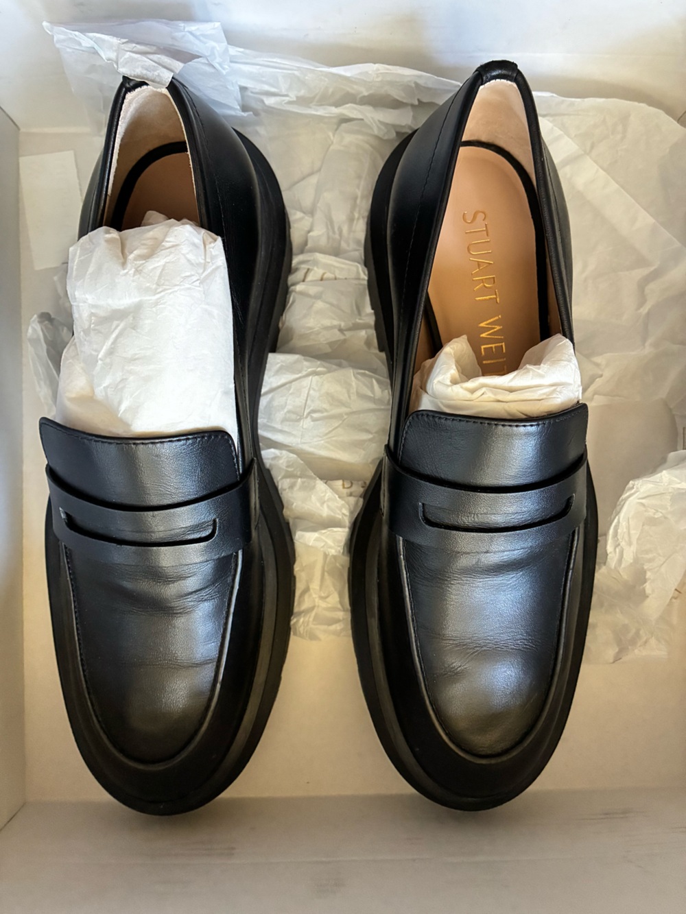 Stuart Weitzman Black Ulta Lugg Leather Penny Loafers Sz 37